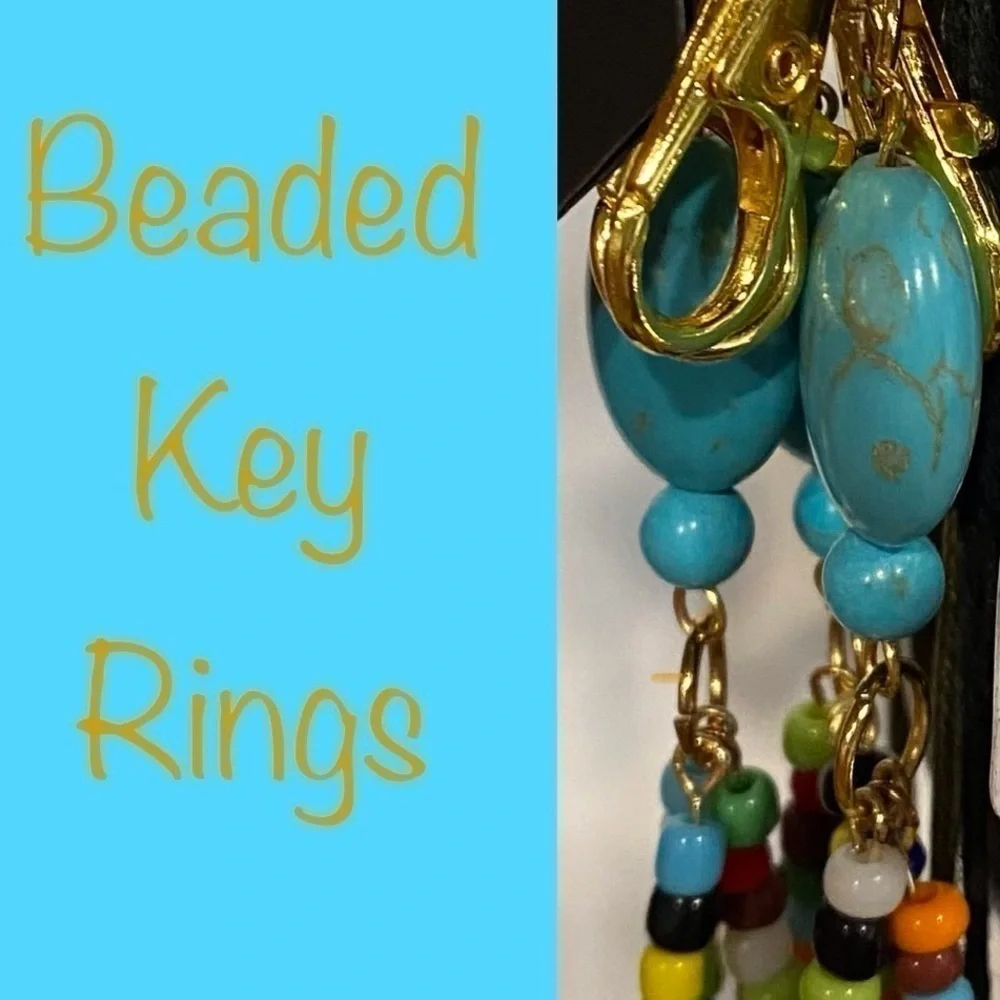 HANDCRAFTED Goldtone Keychain w/Turquoise Magnesite Gemstones & Glass Seed Beads